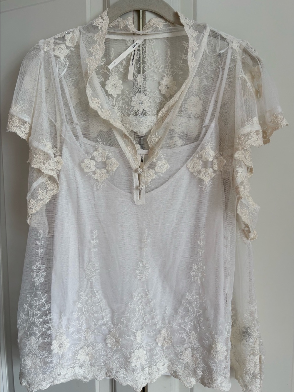 Anthropologie Delicate Sheer Lace with Floral Embroidery Top - White/Cream